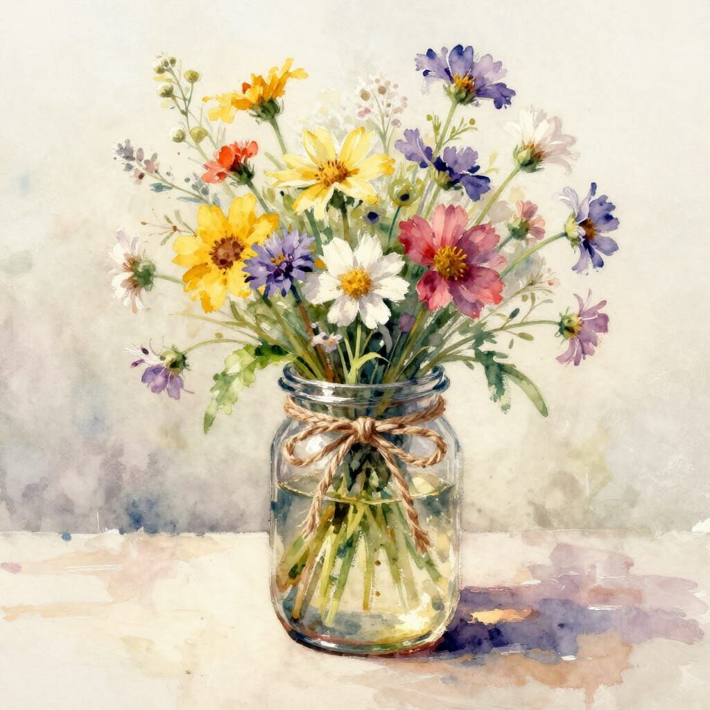 Wildflowers in Rustic Jar Watercolor Painting