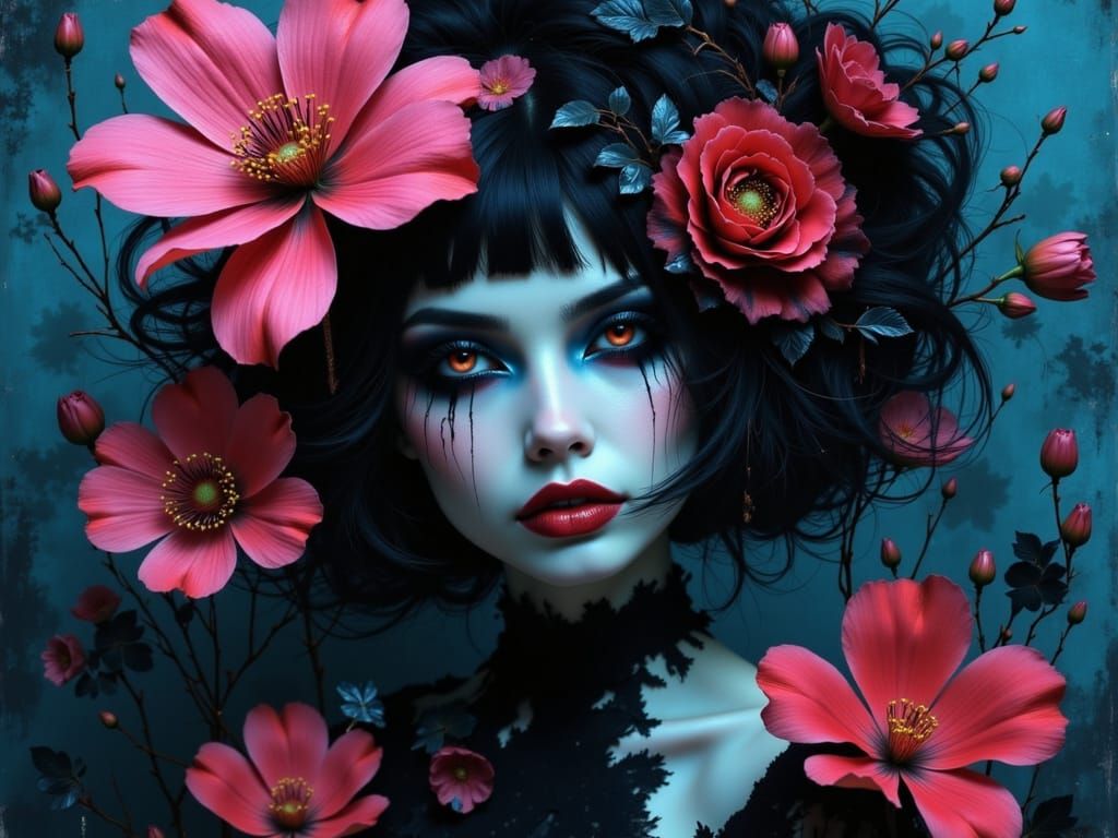 Ethereal Gothic Vampiress Amidst Surreal Blooms