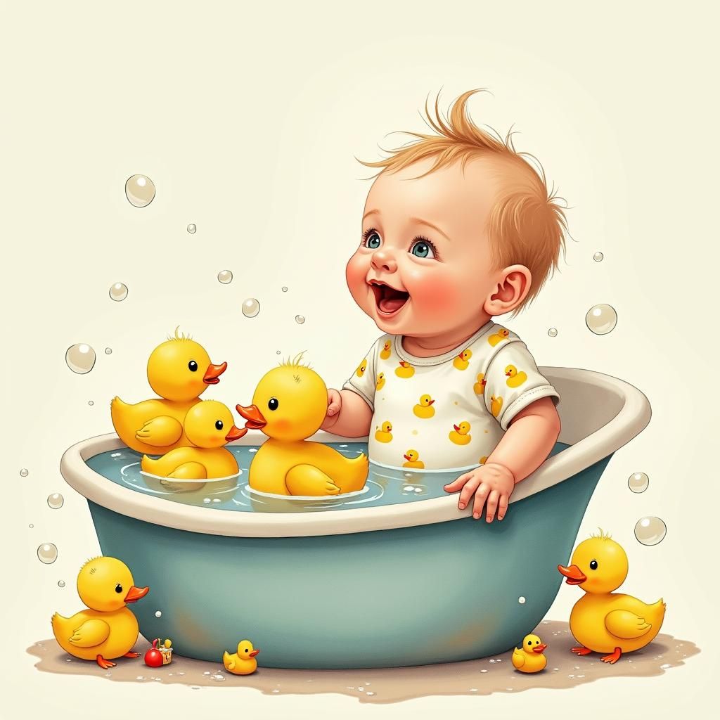 Duckling Bath Time: A Whimsical Watercolor Scene