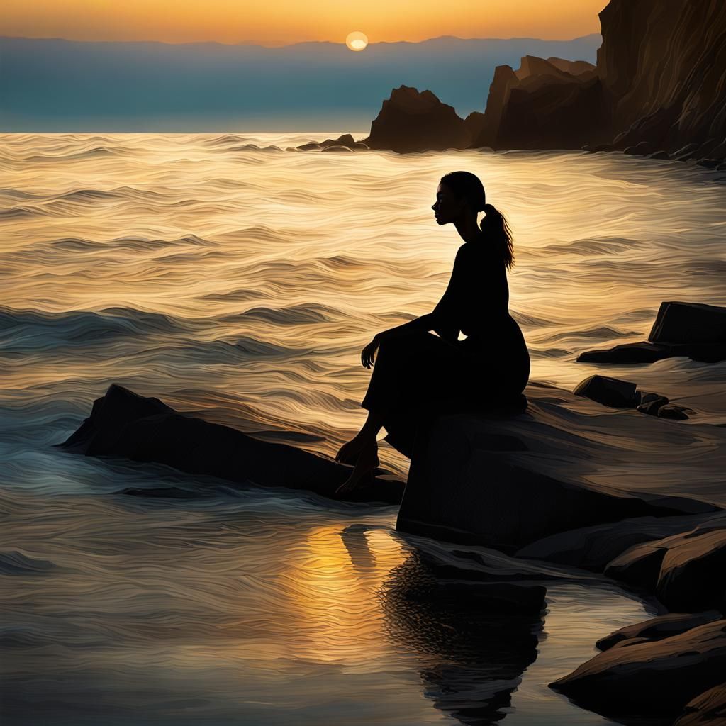 Contemplative Woman's Silhouette at Ocean Dusk
