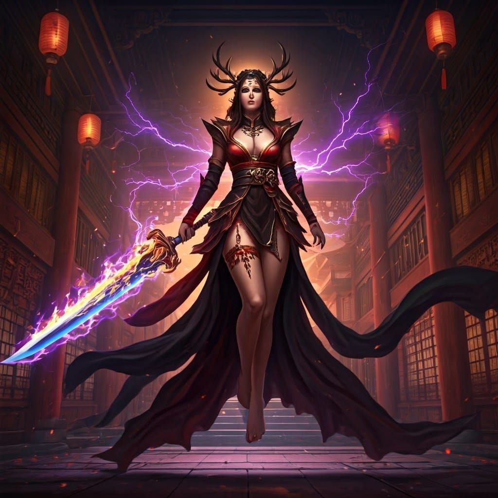 Surreal Fantasy Warrior Sorceress in Fire Red and Black Atti...