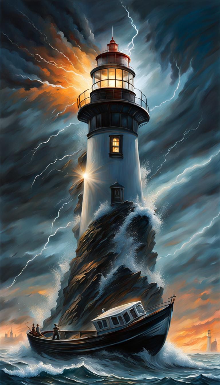 Lighthouse in Storm, Acrylic Painting with Volumetric Lighti...