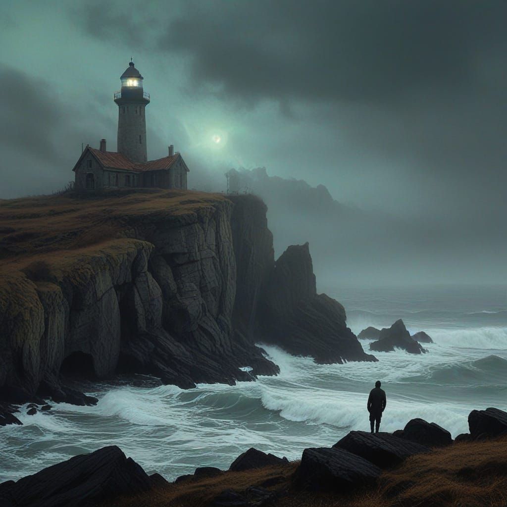 Gothic Lighthouse in Autumn Fog, Baroque Stone Structure