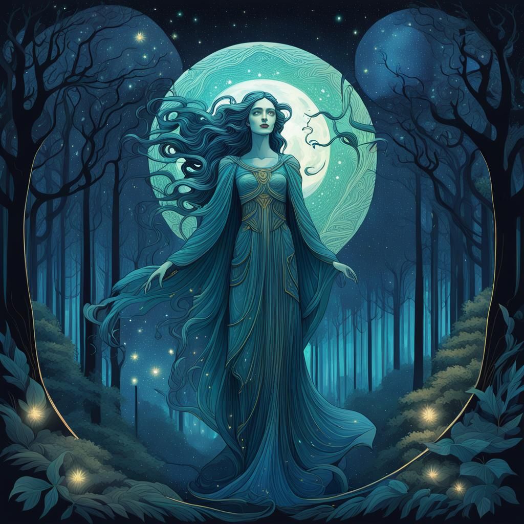 Art Nouveau Night Sky Forest Illustration