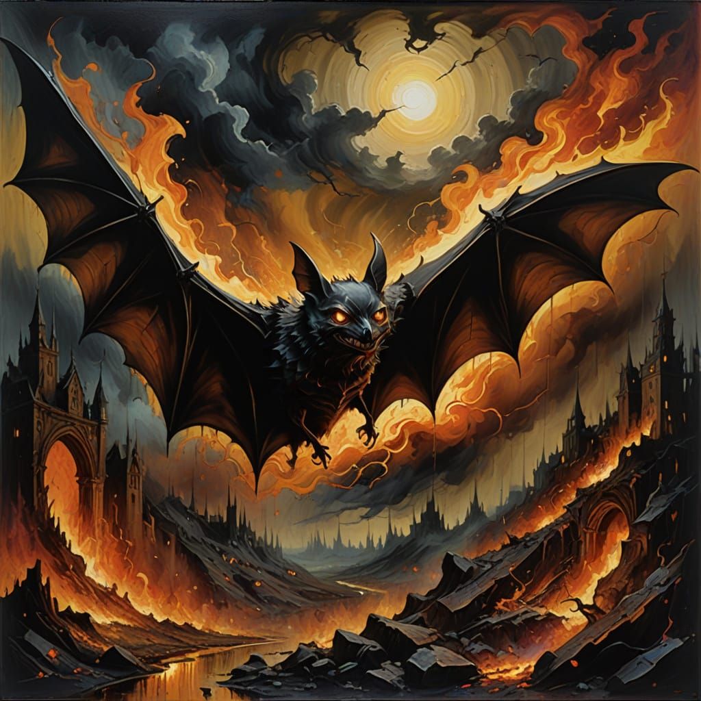 Ethereal Bat Emerges from Hellish Landscape in Surrealist Ma...