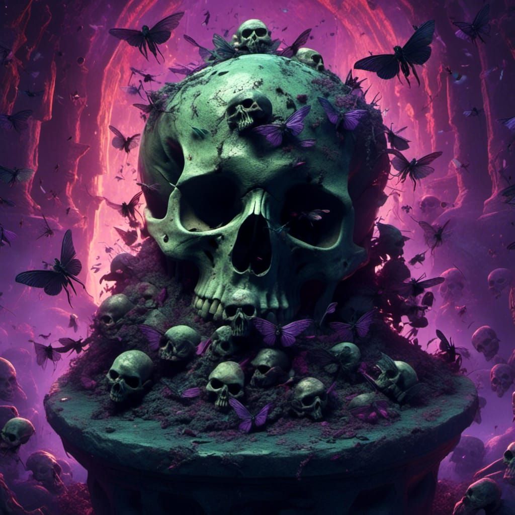 Necrotic Flies Swarm Cracked Skull: Dark Fantasy Illustratio...