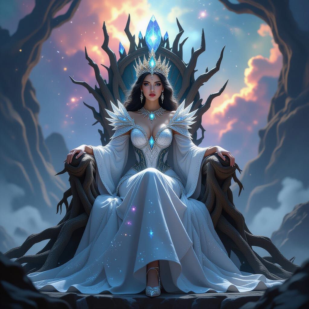 Regal Queen on Crystal Throne in Cosmic Nebula