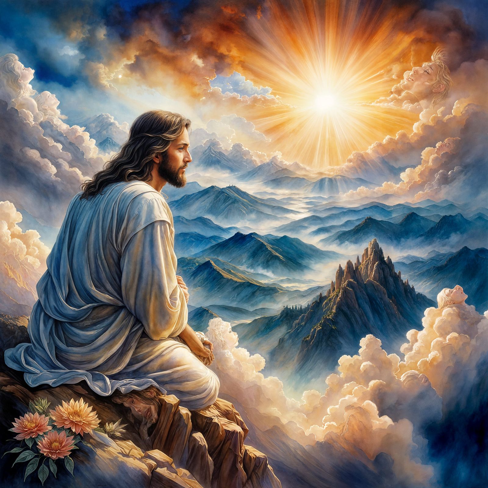 Jesus Praying in Heaven at Sunrise