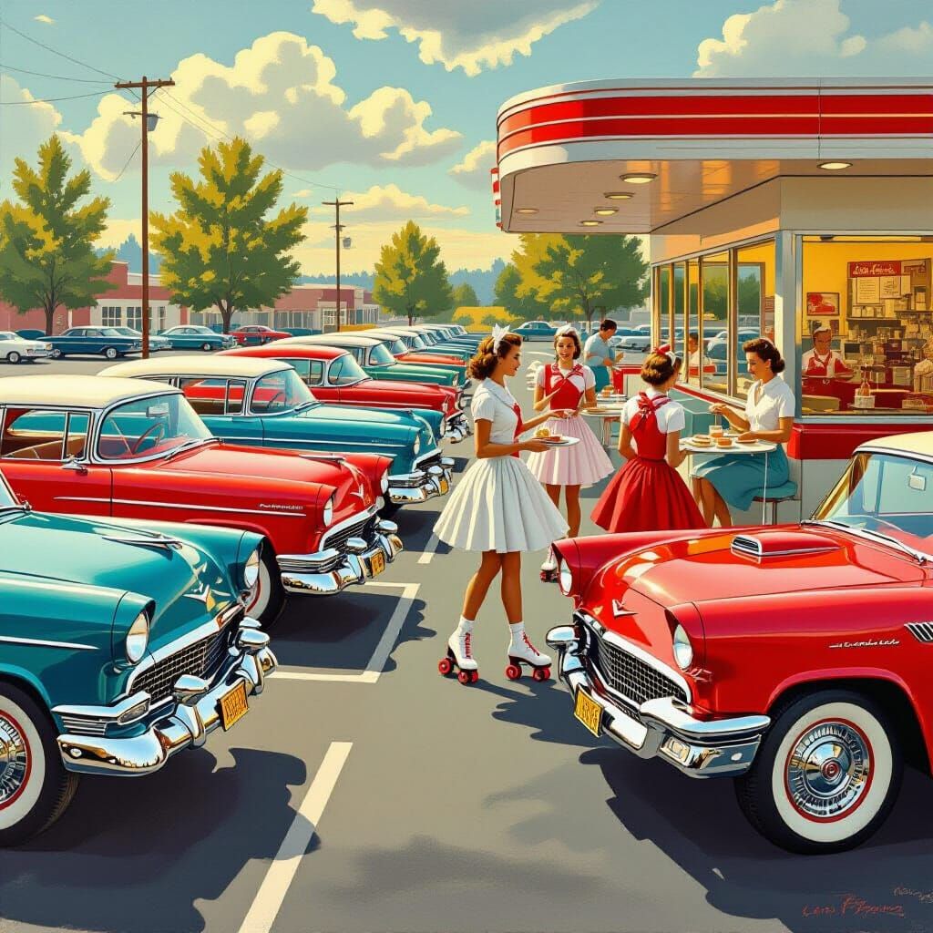 1950s Diner Scene with Classic Cars