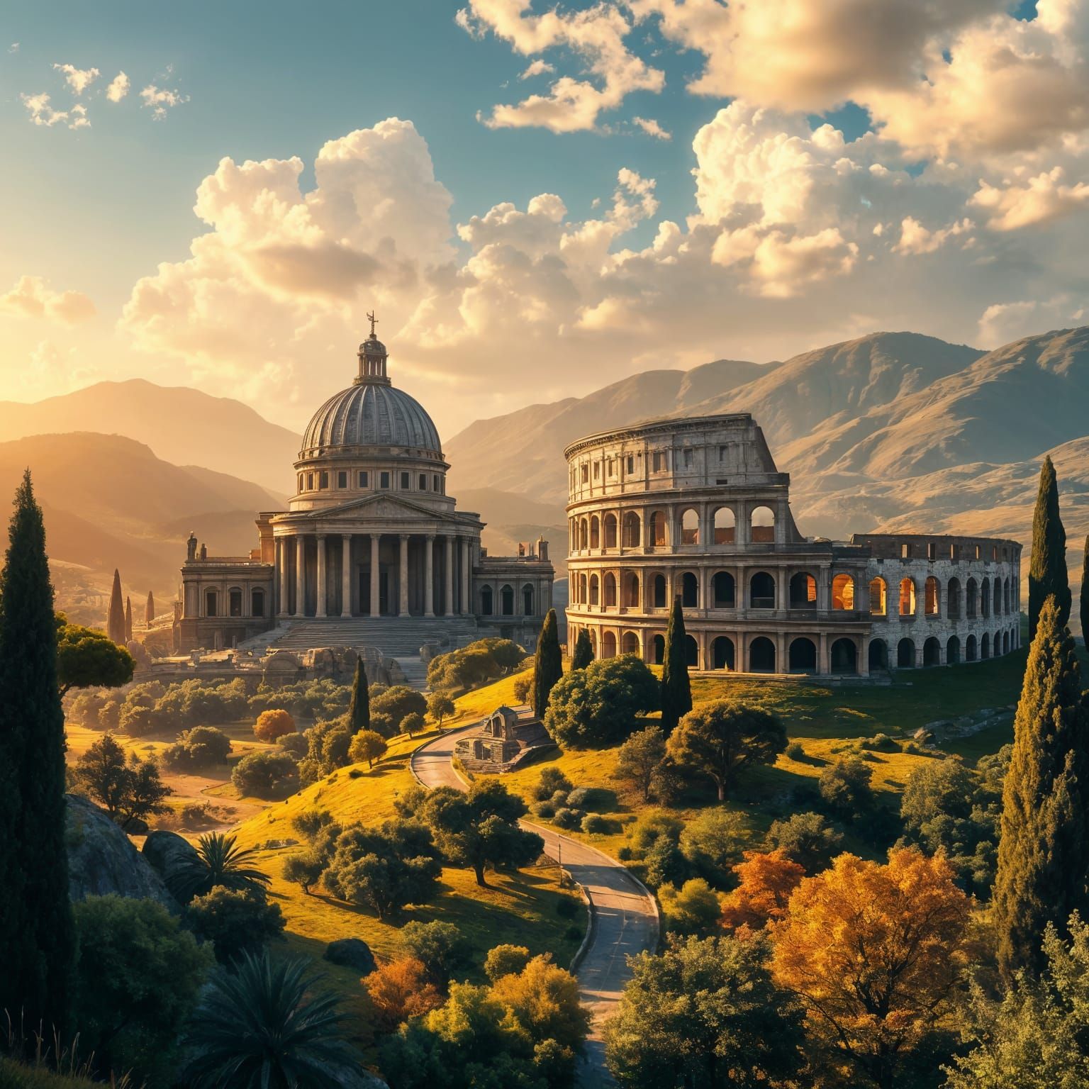 Roman Structures in Valley: Hyper Realistic Matte Painting
