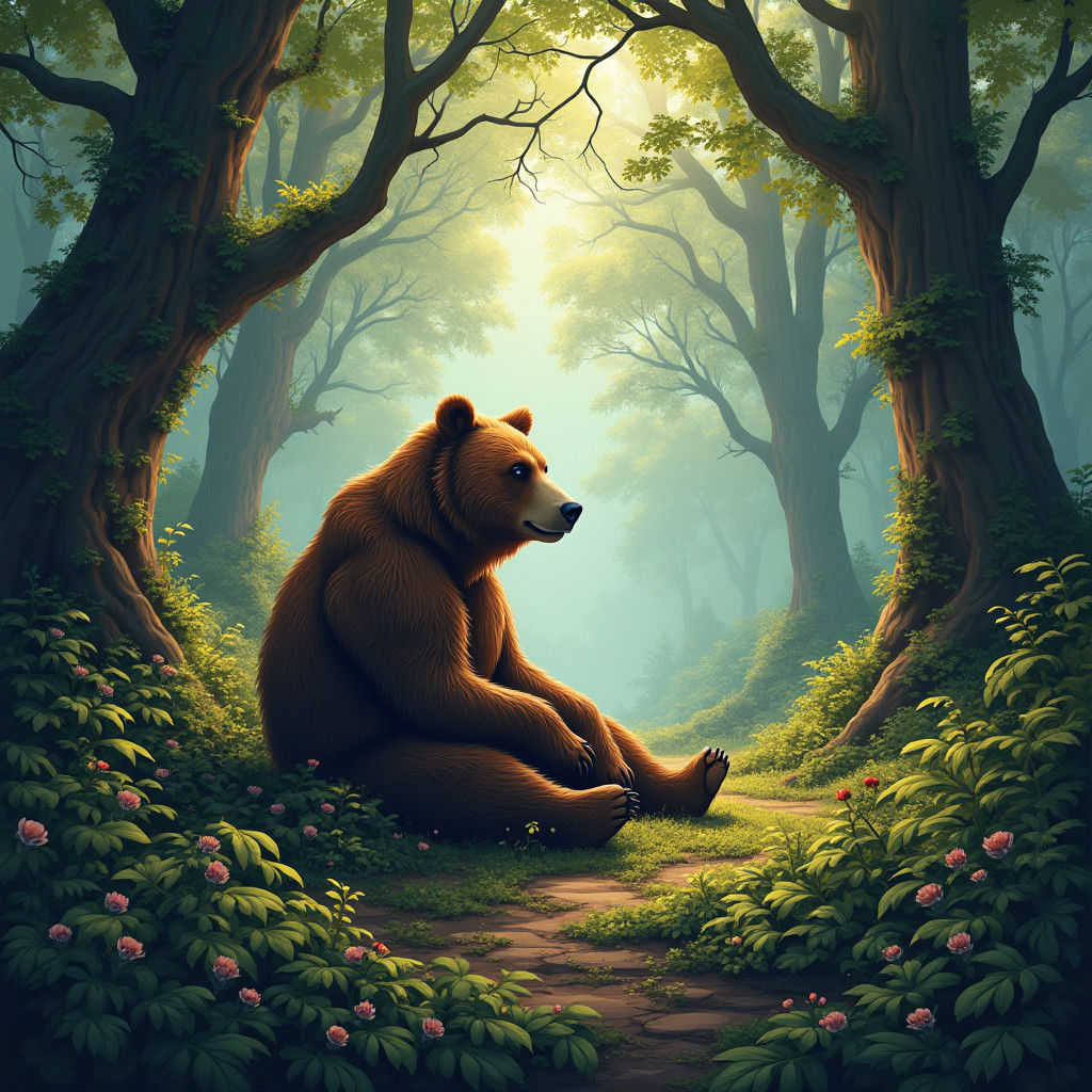 Serene Brown Bear in Mystical Forest, a Nature Spirit Medita...