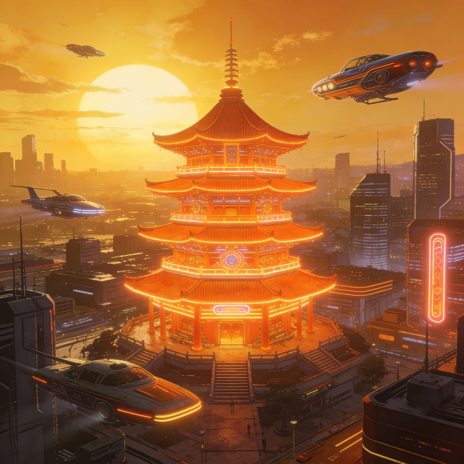 Retro-Futuristic Pagoda at Sunset