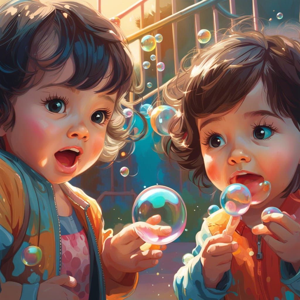 Toddlers Blowing Bubbles on Playground, Intricate Concept Ar...