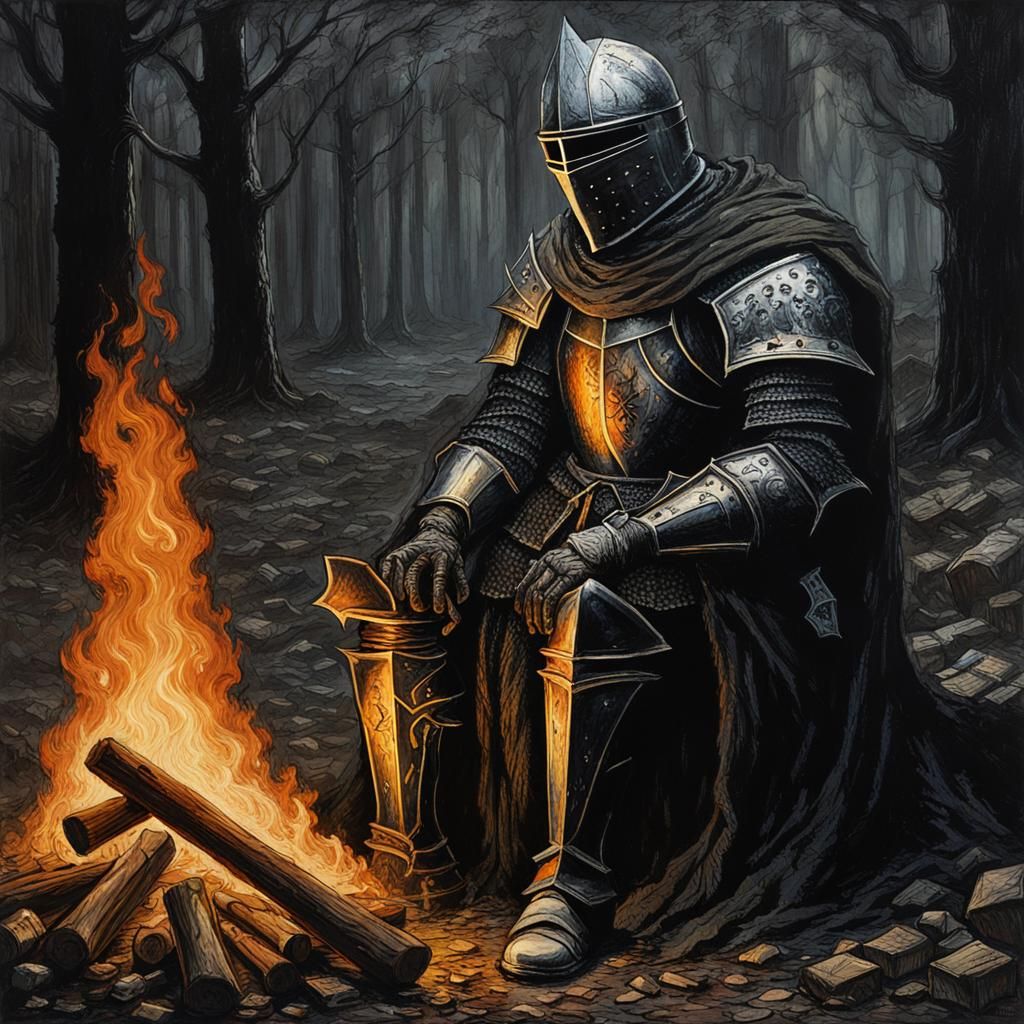 Dark Souls Knight by Bonfire: 1970s Fantasy Oil Painting