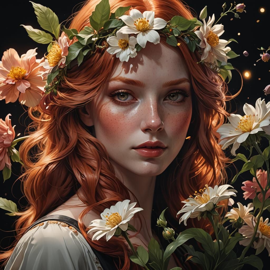 Redhead Girl Sniffing Flower: Fantasy Art Portrait
