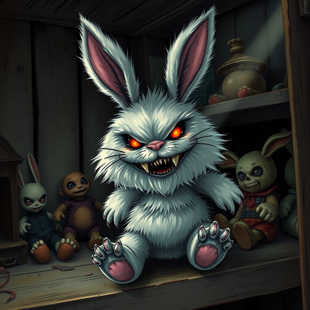 Menacing Bunny Plush Toy in Dusty Attic