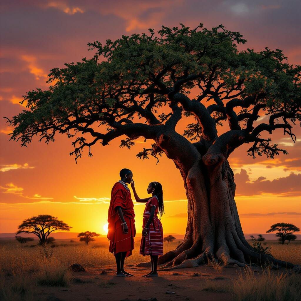 Romantic Maasai Scene Under Baobab Tree at Sunset