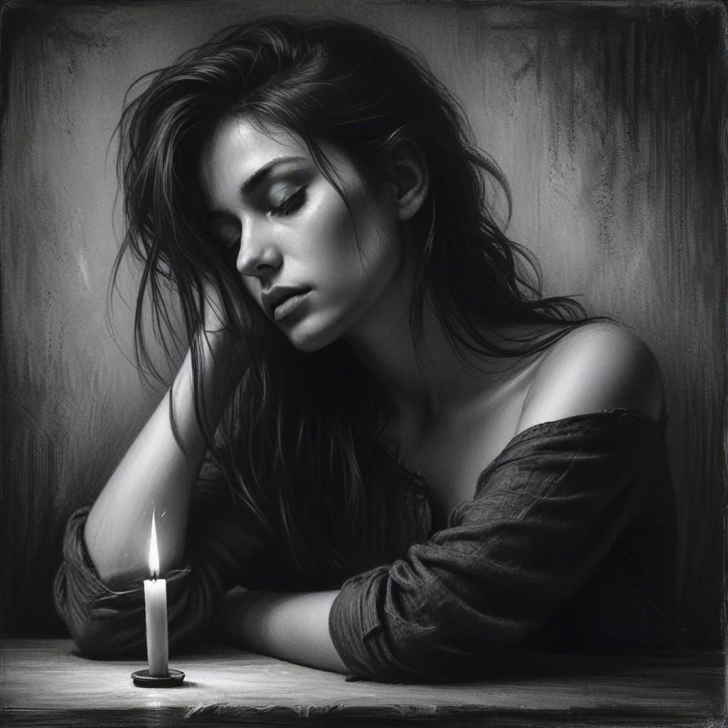 Melancholic Woman in Charcoal Sketch Style