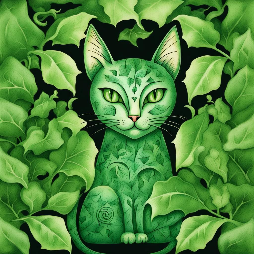 Ivy-Covered Green Cat with Bird, Ancient Drawing