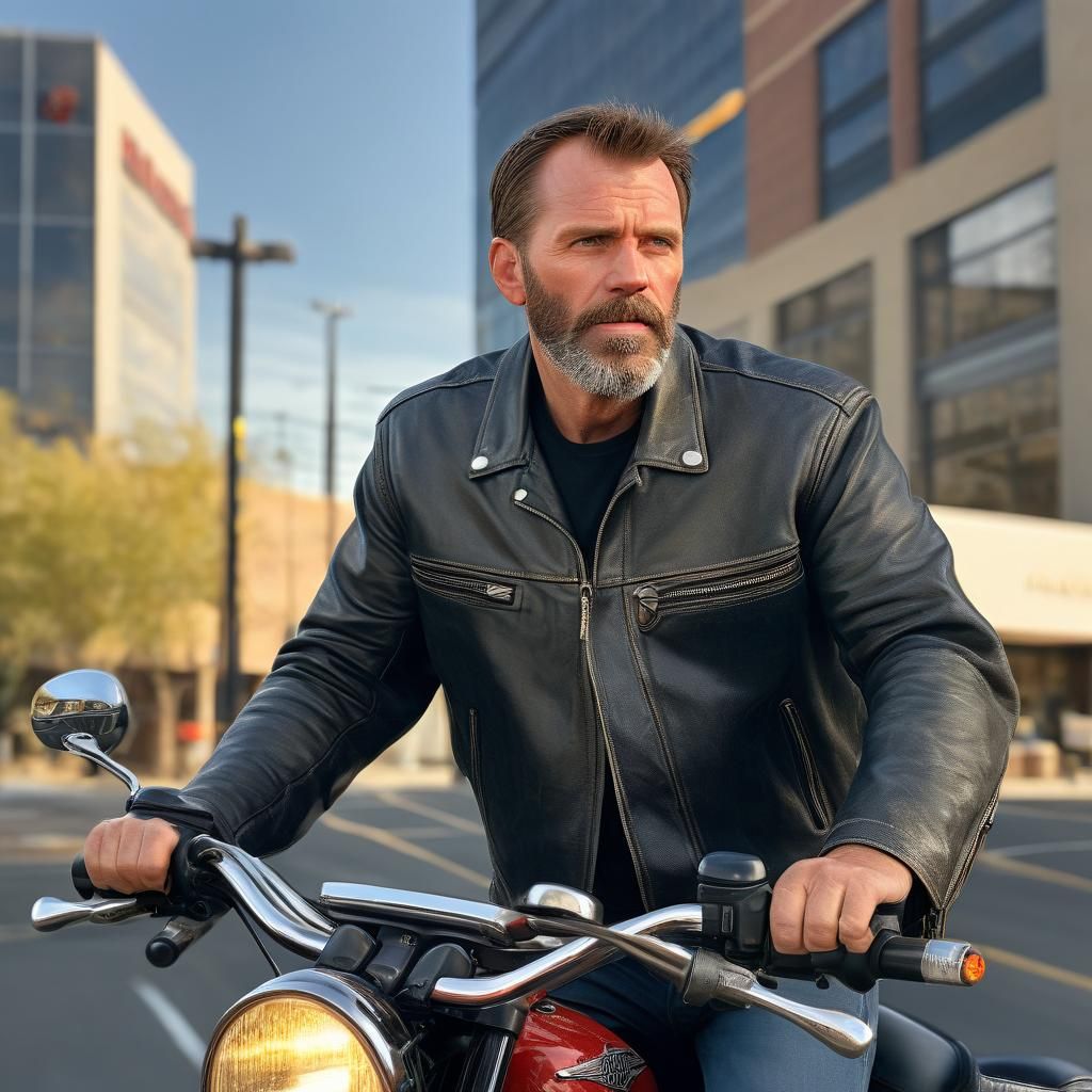 Confident Man Rides Motorcycle with Rugged Features