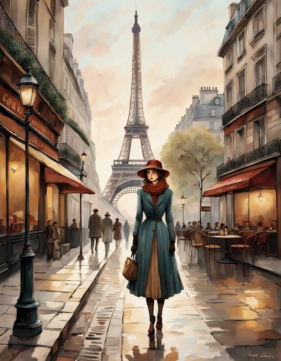 Vintage Parisian Girl Illustration in Watercolor Style