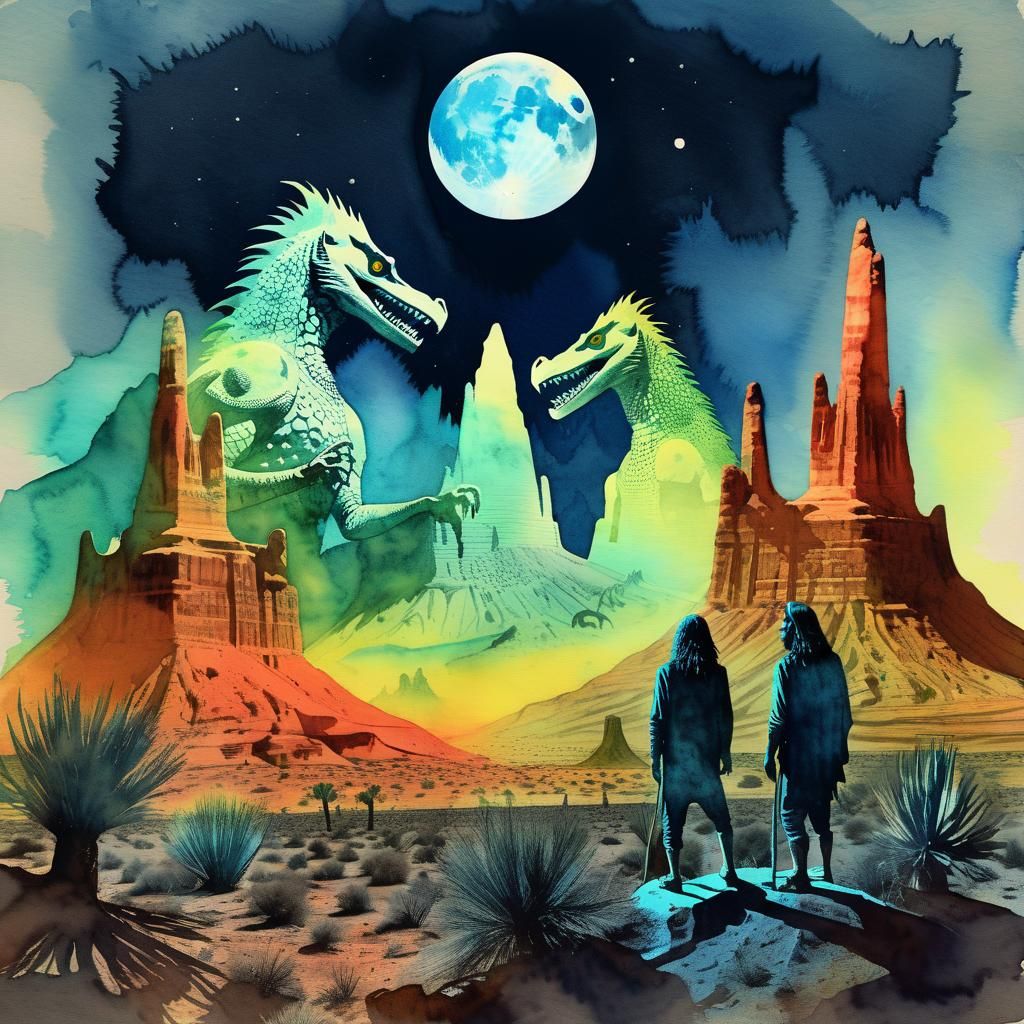 Eerie Watercolor of King Gizzard in Desert