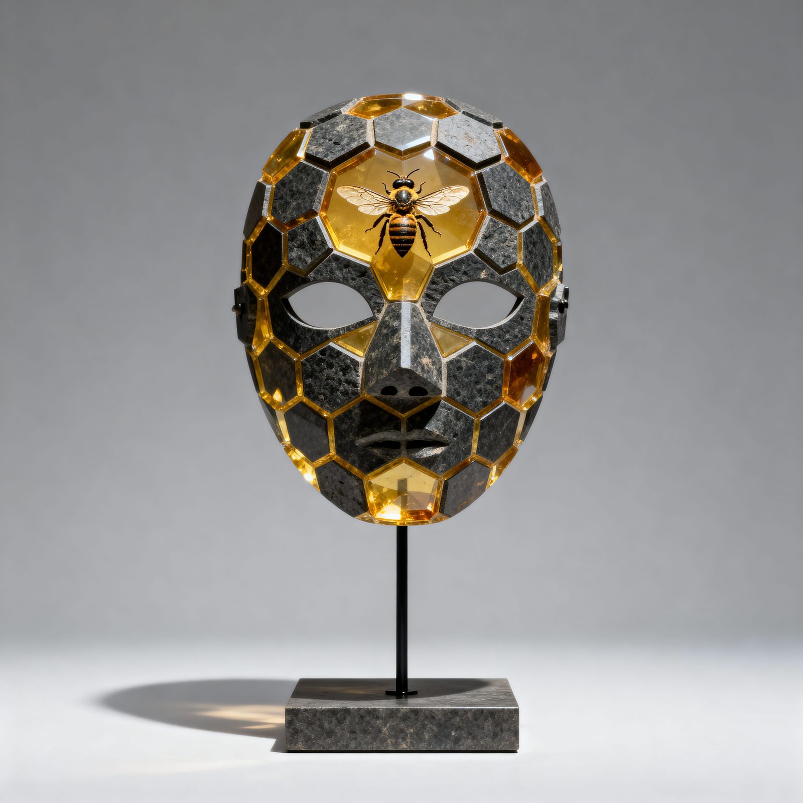 Geometric Mask Artifact in Amber on Minimalist Stand