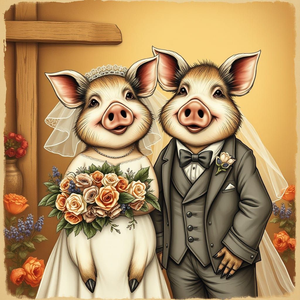 Vintage Hog Wedding Invitation in Sepia Tones with Roses and...