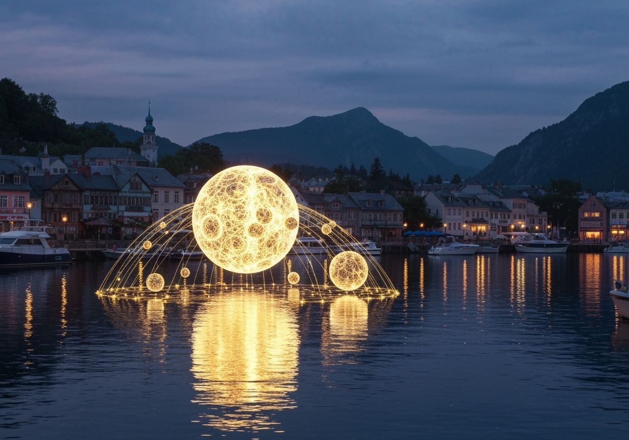 Cosmic Waterfront Town with Glowing Ornate Sphere