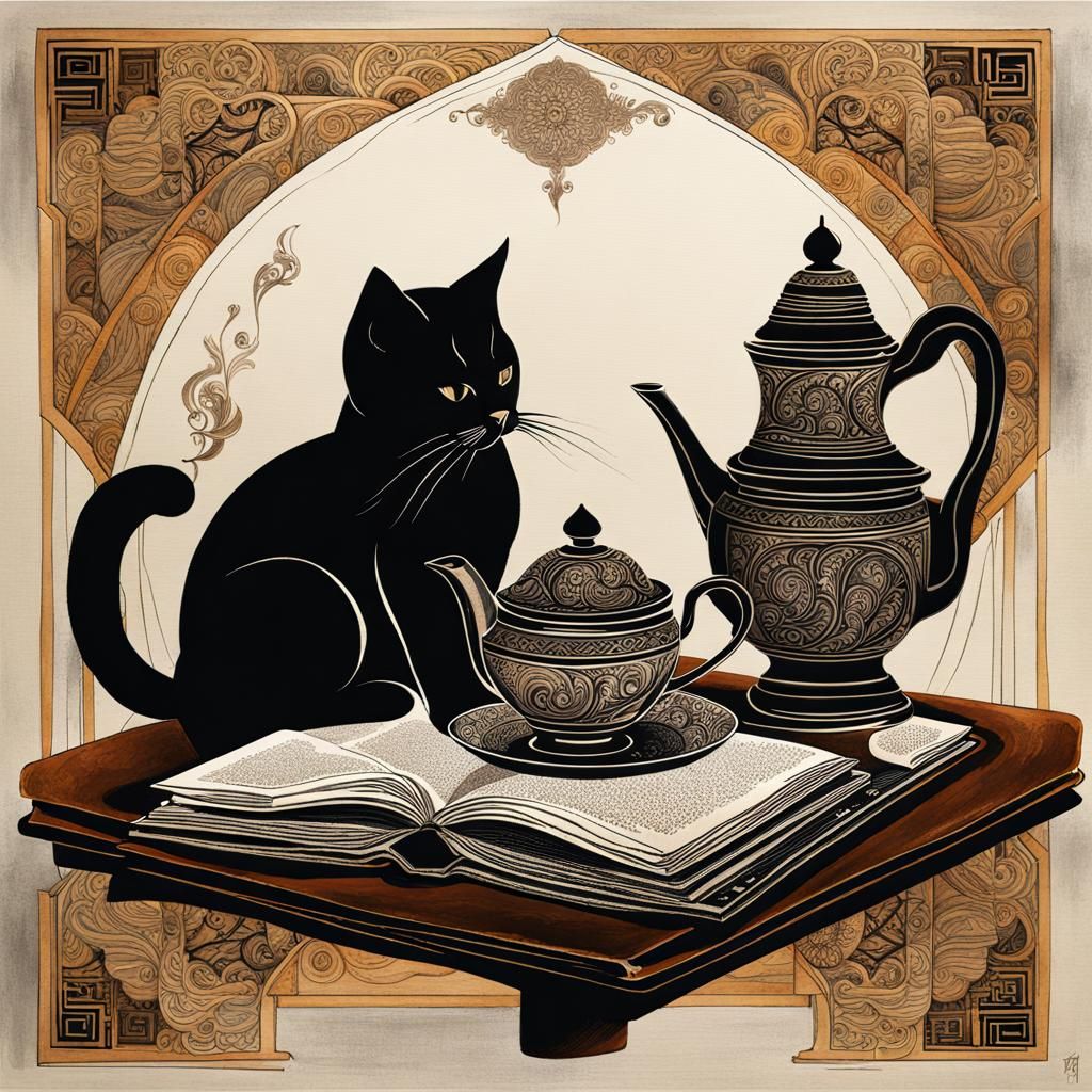 Stylized Ink Wash Painting: Tea, Book, and Cat