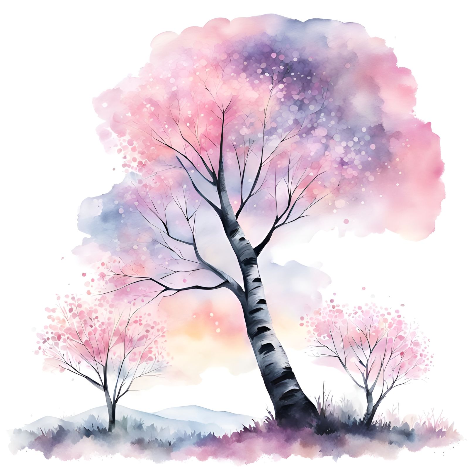 Birch Forest Sunrise in Watercolor Style