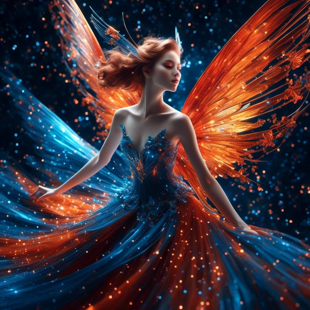 Female winged fairy flying through space. Red, blue and orange <lora:Dazzled:1.0>