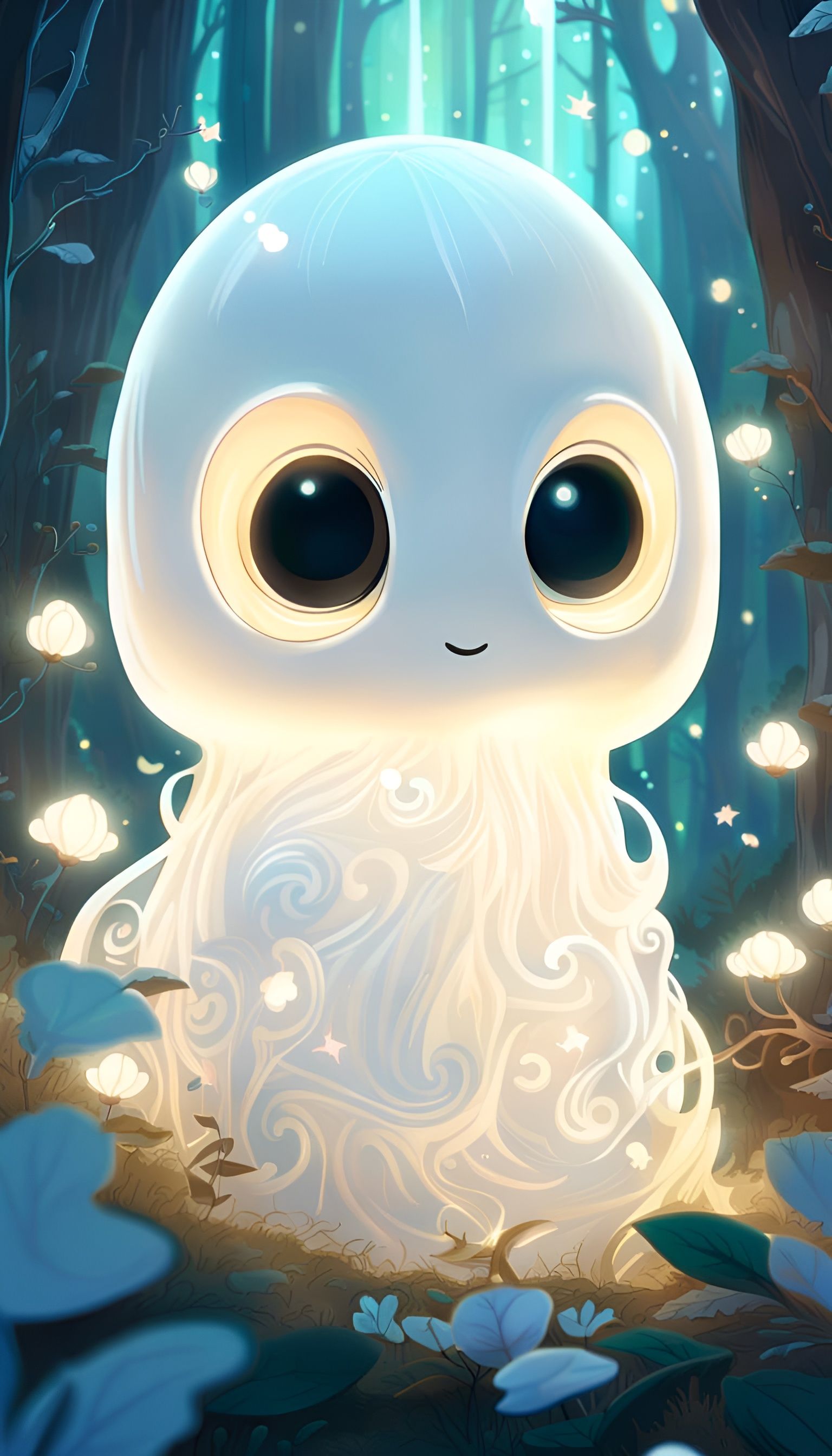 Adorable Ghost in Fairy Forest, Watercolor Style
