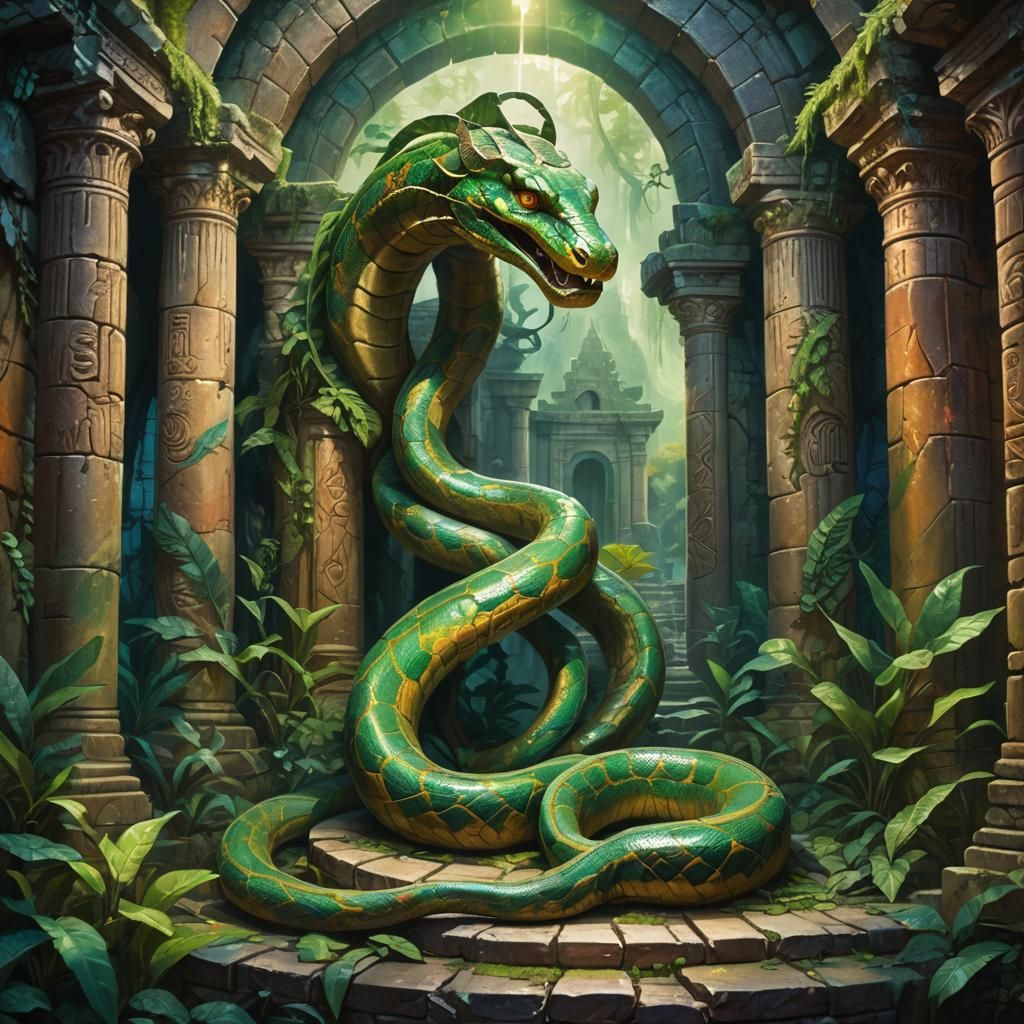 Mystical Serpent Coiled in Ancient Temple