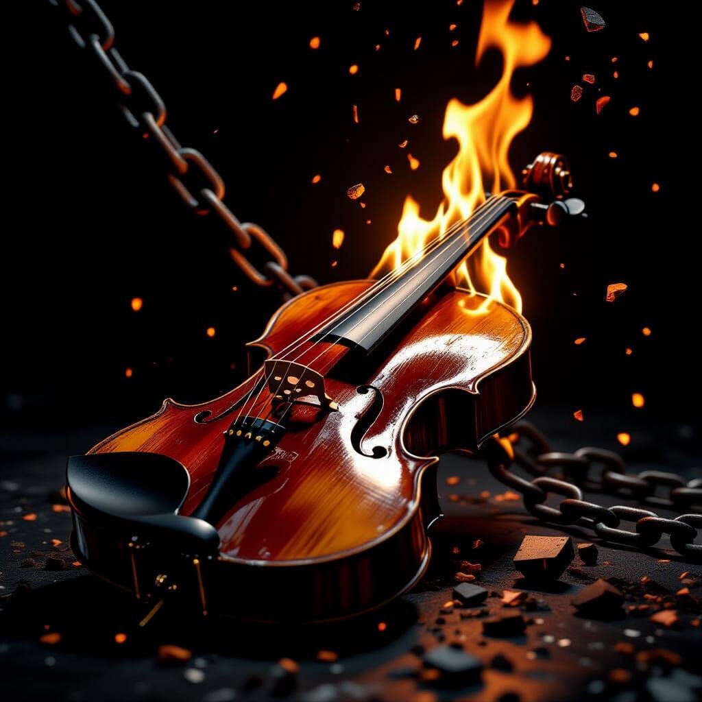 Violin Ablaze with Fiery Flames and Shattered Chains