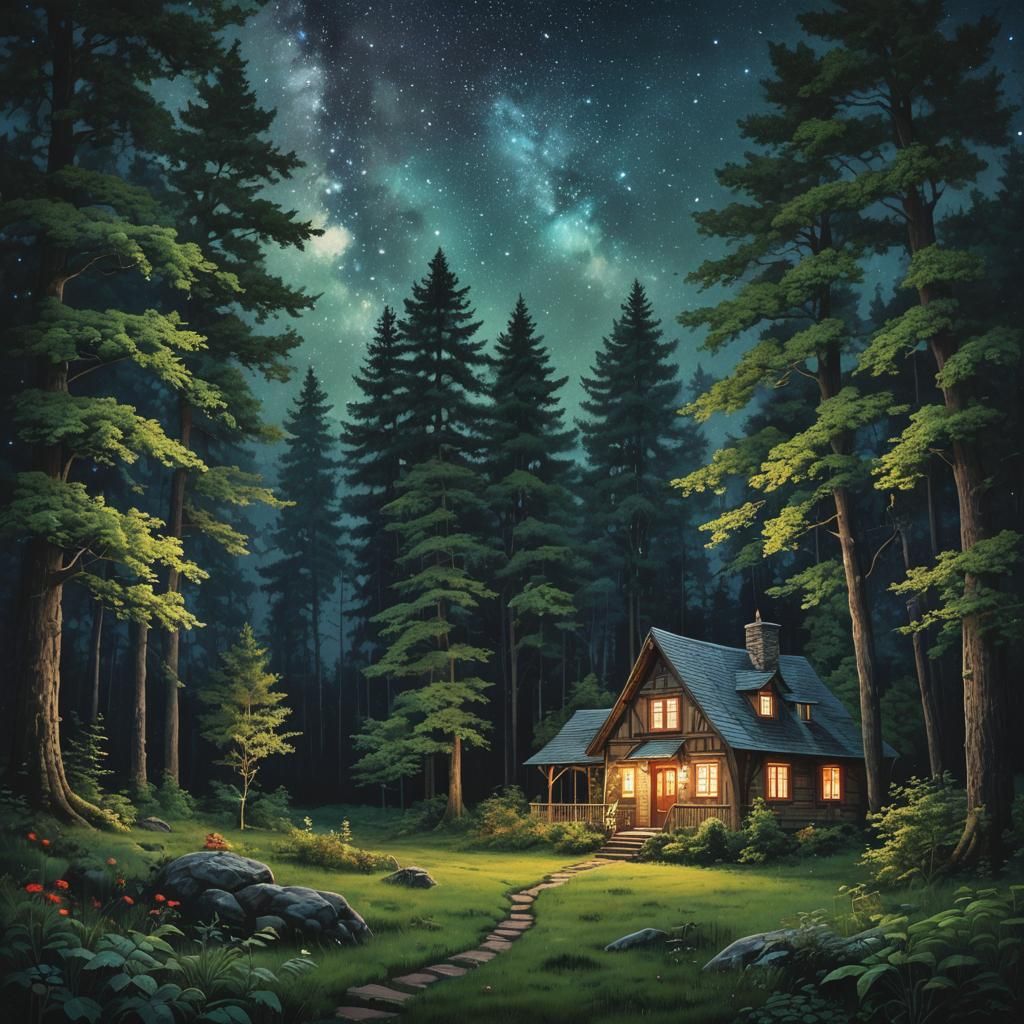 Enchanting Cottage in Majestic Forest at Night