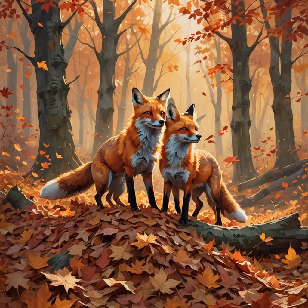 Foxes Playing in Autumn Leaves: Impressionist Wildlife Art