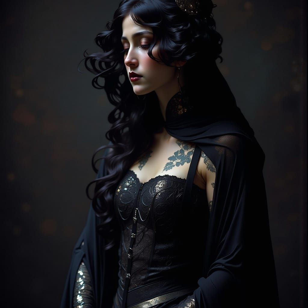 Enigmatic Figure in Shadows with Art Nouveau Tattoos