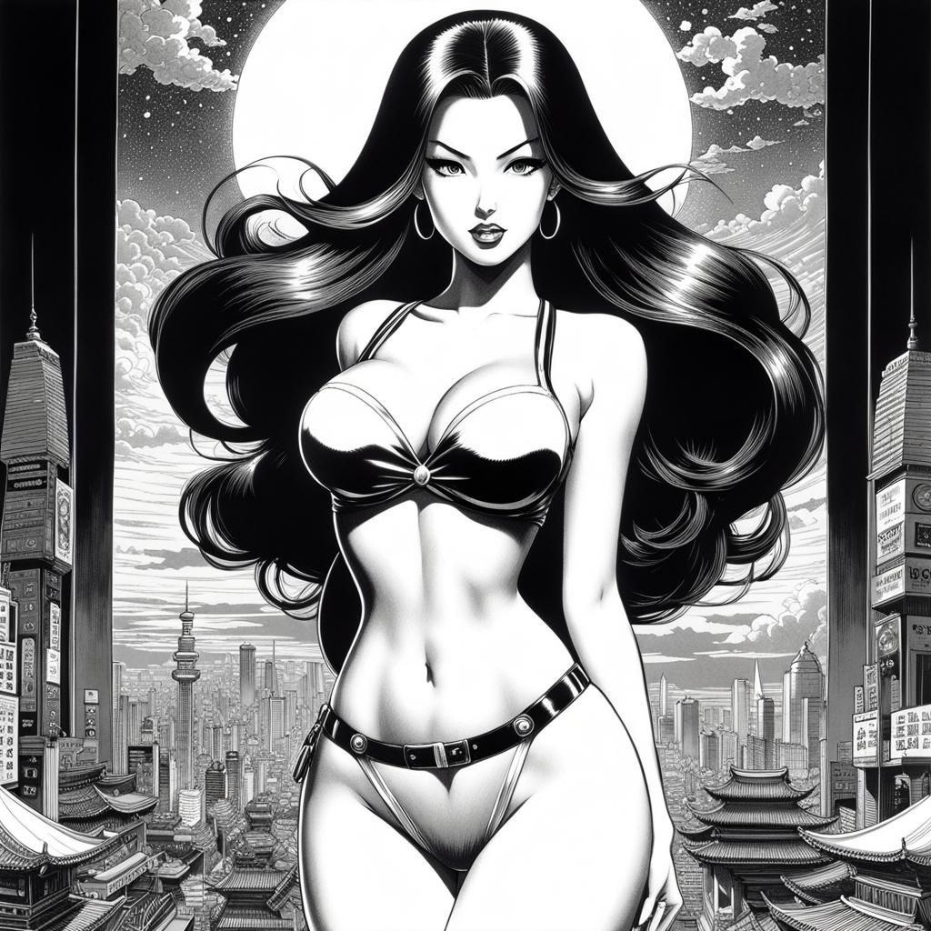 Confident Pin-Up Girl in Manga Style Drawing