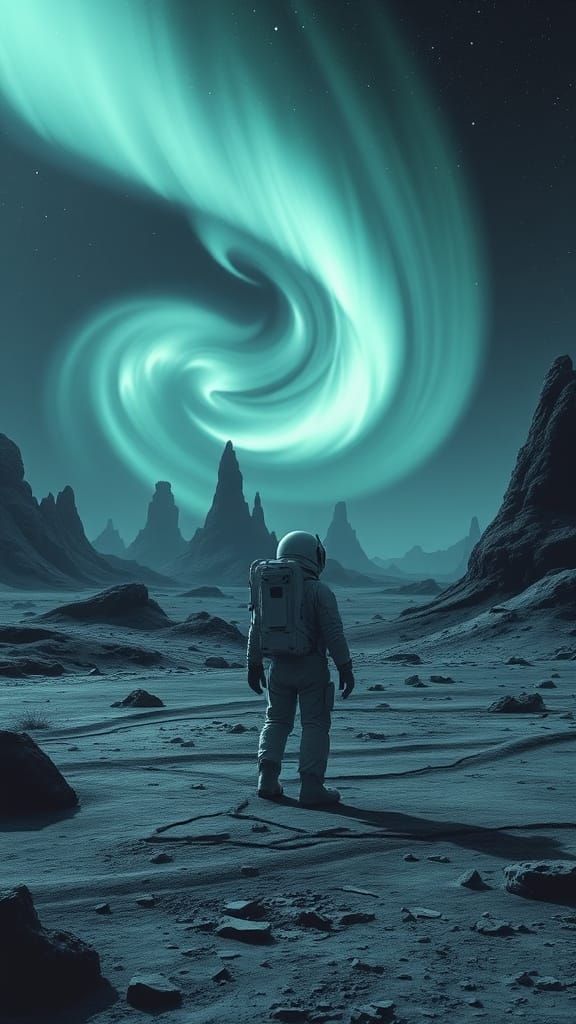 Astronaut on Alien Planet with Aurora Borealis