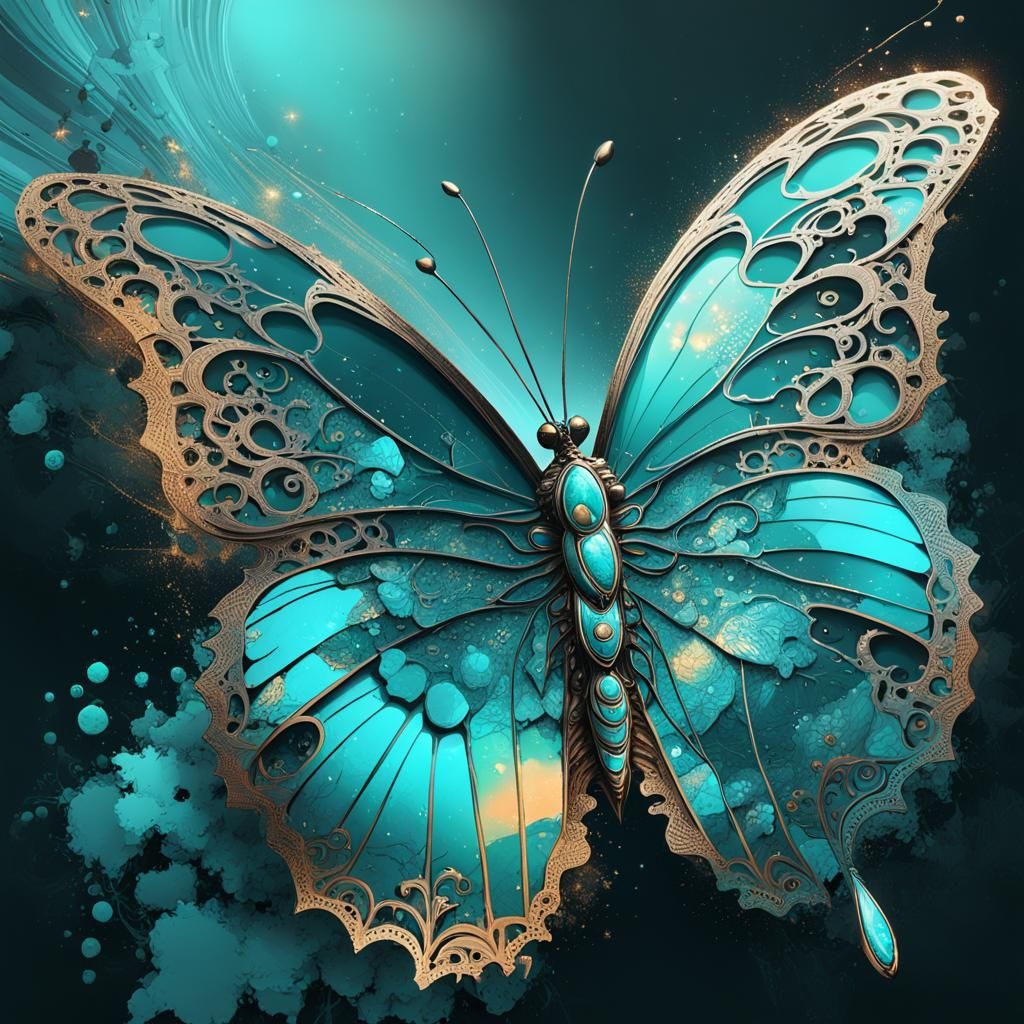 Delicate Turquoise Butterfly in Cosmic Filigree