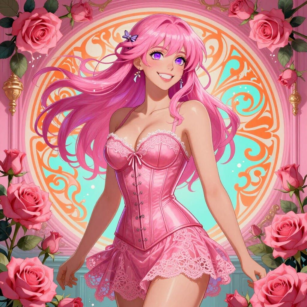 Pink Haired Woman in Corset Amidst Roses