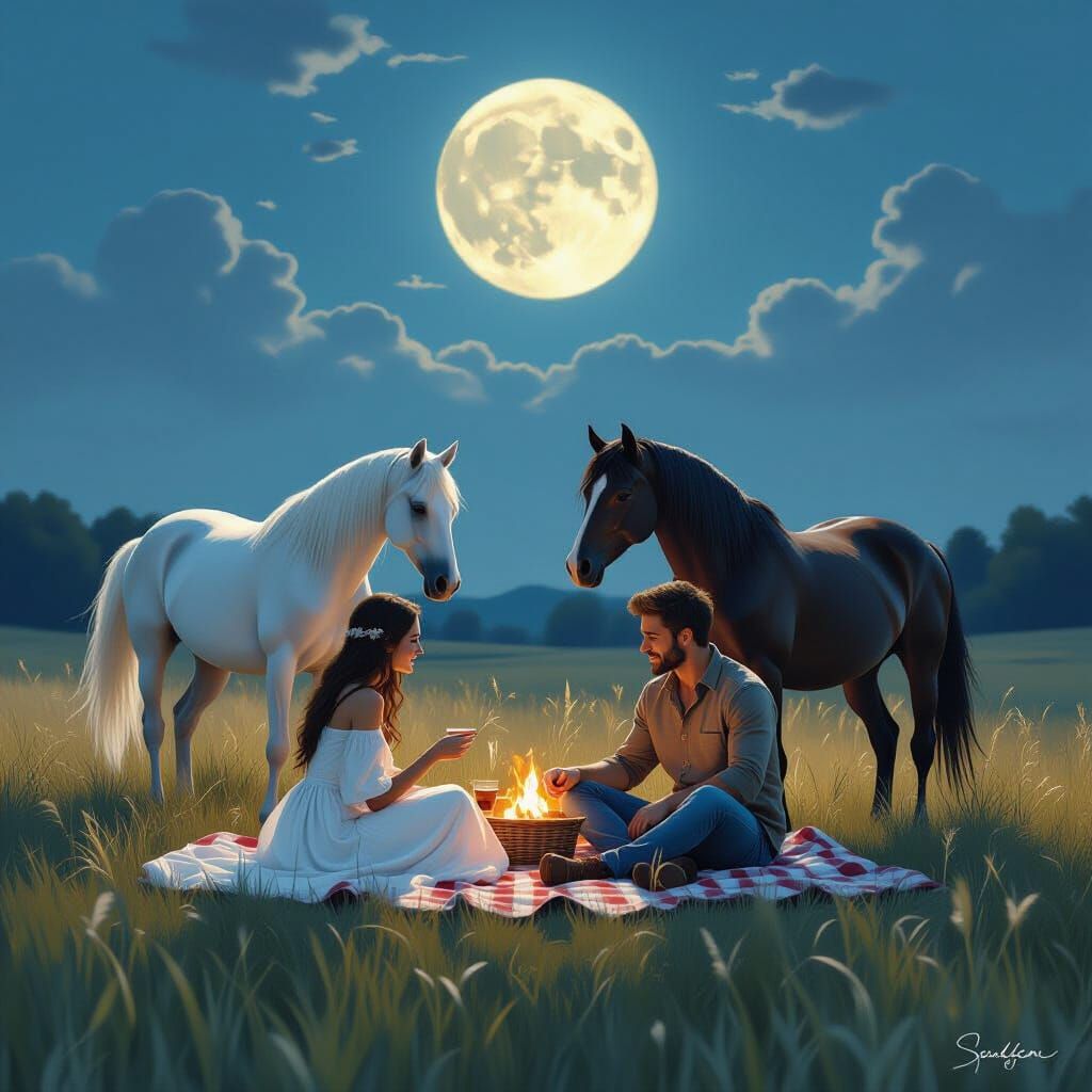 Moonlit Meadow Picnic with Frolicking Horses
