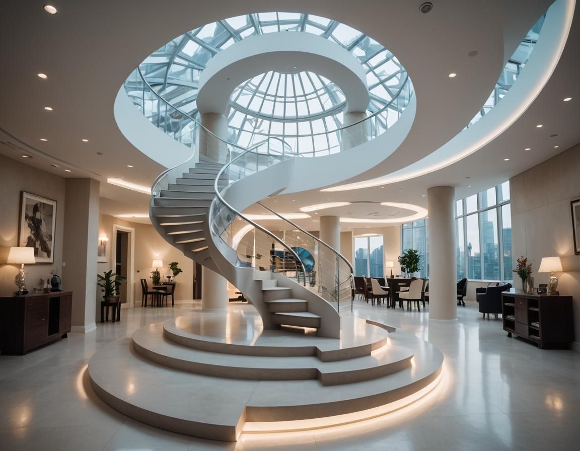 Futuristic Bedroom with Circular Stairway in Minimalist Styl...