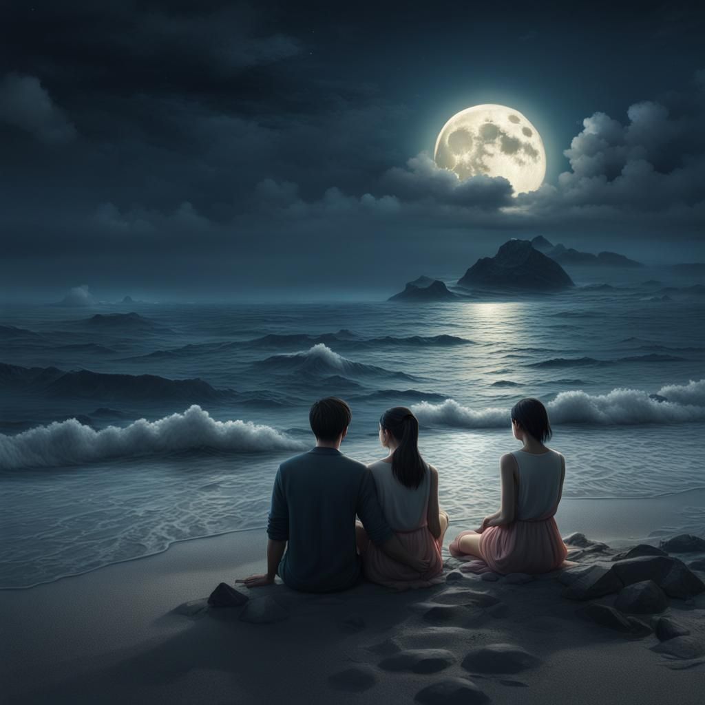 East Sea Night: Moonlit Beach Romance in Fantasy Art