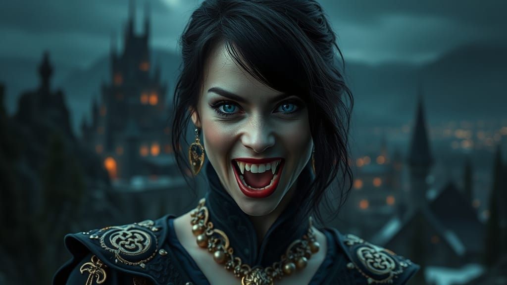 Ethereal Vampire Goddess in a Towering Cityscape