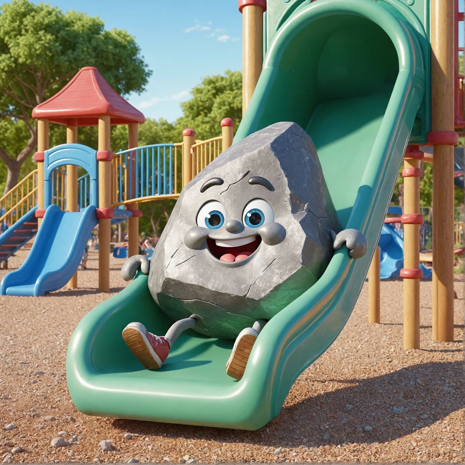 Happy Cartoon Rock on Playground Slide