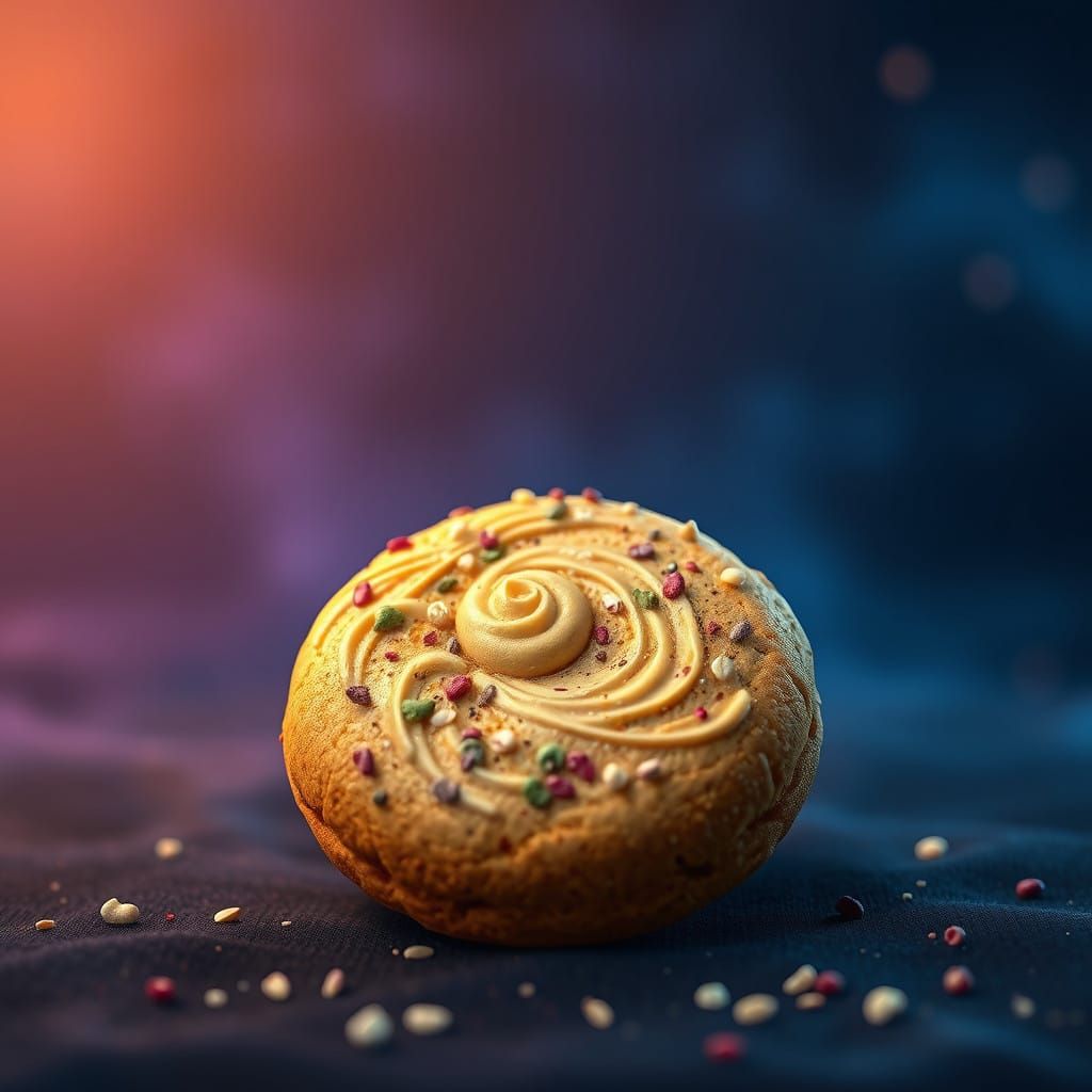 Surreal Golden-Brown Cookie in Whimsical Fantasy Scene