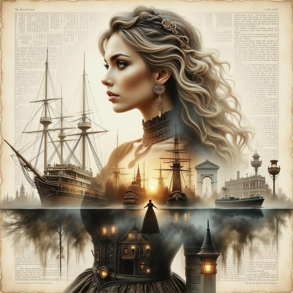 Steampunk Double Exposure of Blonde Girl in Watercolor