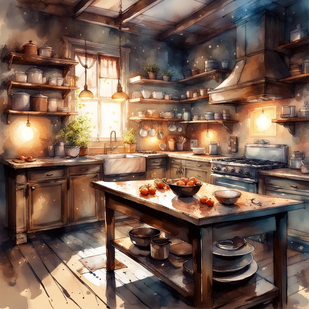 Rustic Kitchen with Luminescent Sparkles in Digital Watercol...